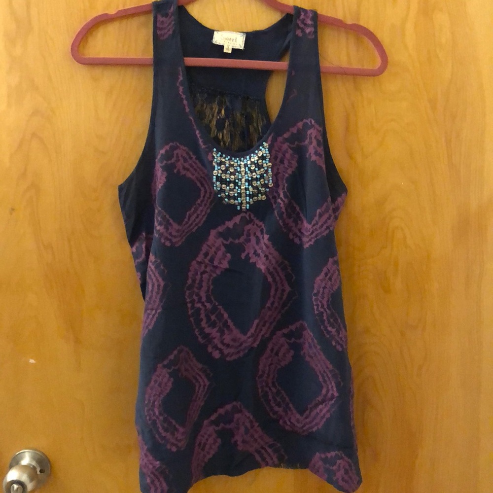 Patterned tank top w/ beading/sheer crocheted back